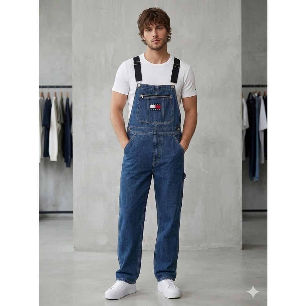 VTG 90s Tommy Hilfiger Overalls Mens Medium Bib Carpenter Denim Jean Y2K